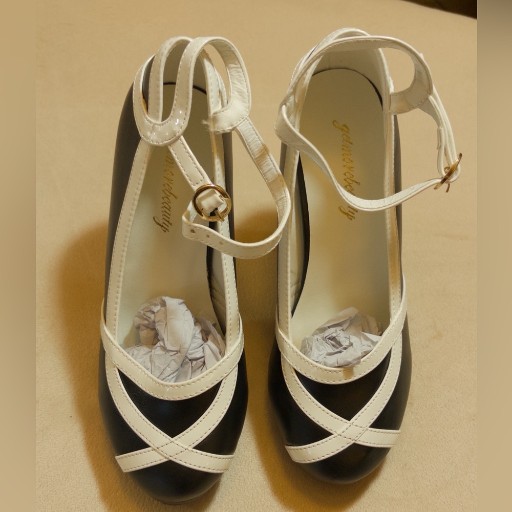 Classic Black and White Cross-Strap Mary Jane Heels